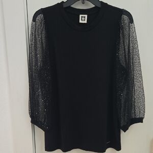 Anne Klein Black Top with Sheer Sequin Puff Sleeves